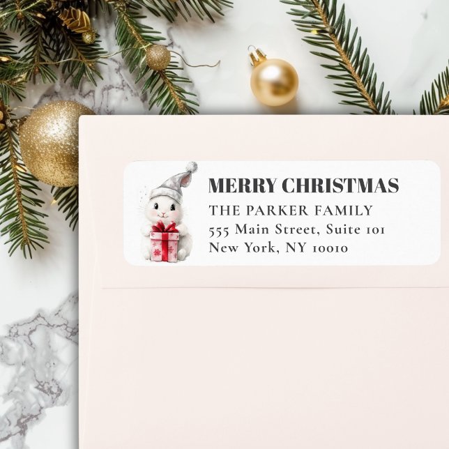 God jul! Vit kanin Santa Hat Returadress Etikett (MERRY & BRIGHT! Adorable, White Rabbit With Santa Hat, Address Return Labels. )