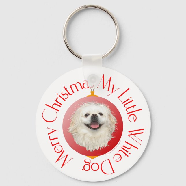 God Jul Vit Pekingeser Nyckelring (Framsida)