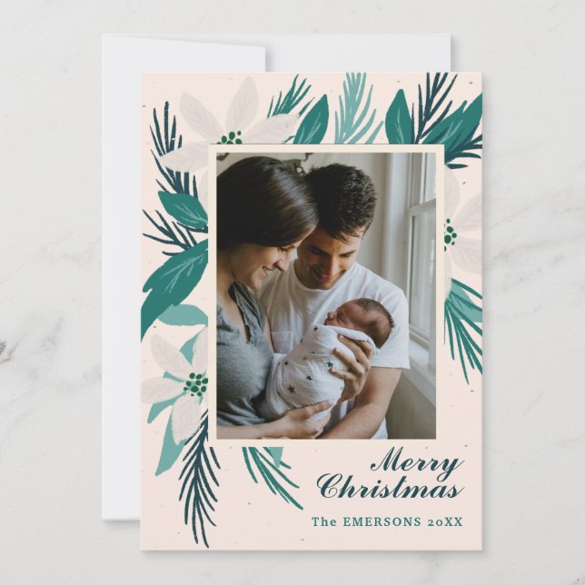 God jul, vit poinsettias, foto kort (Framsida)