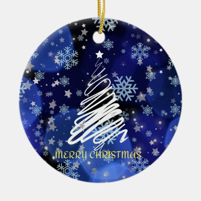 "God jul" Vita träd över djupt blå Julgransprydnad Keramik (Framsidan)
