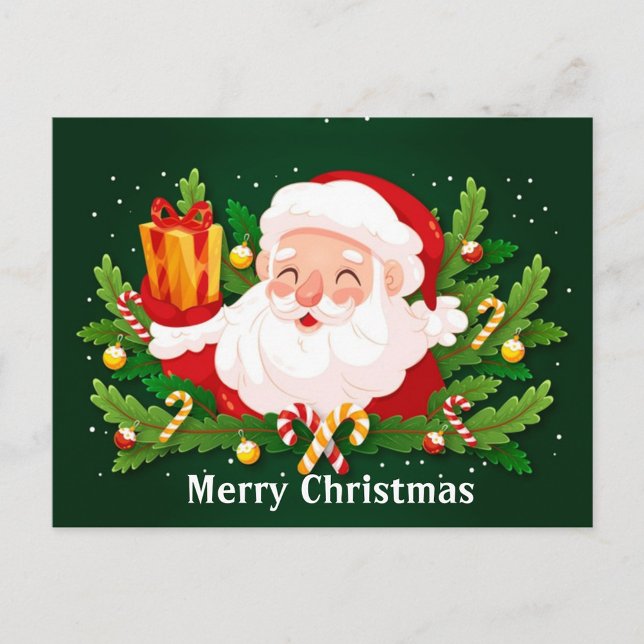 God jul vykort (Illustration of a smiling Santa Claus holding a gift, surrounded by Christmas decorations!)