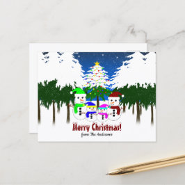 God Jul! vykort för familjen snögubbe