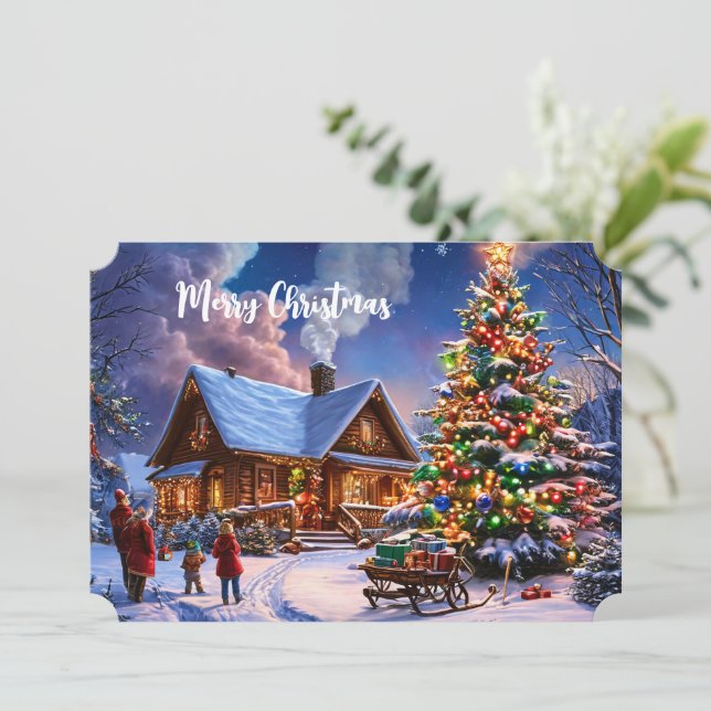 God Jul vykort mysig snöig stuga (Stående Fram)