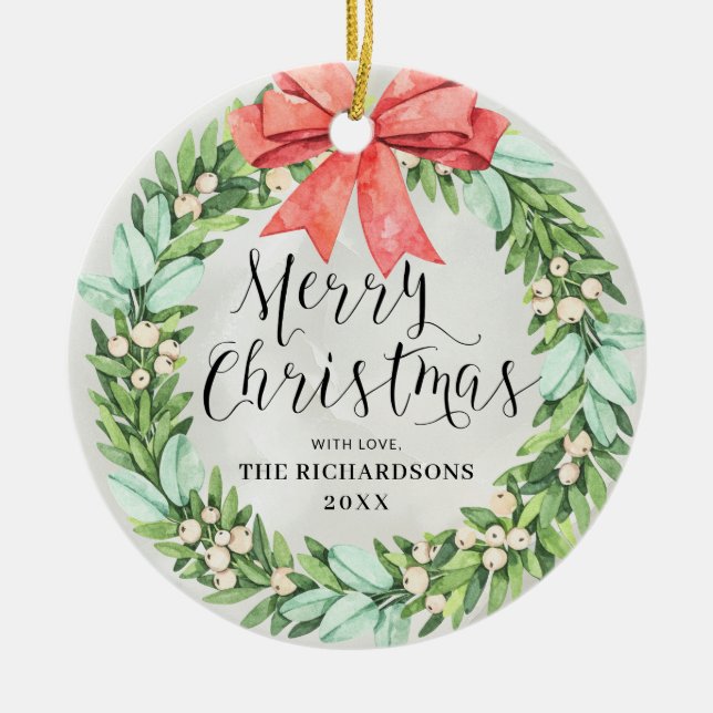 God jul WAN Red Bow Family Namn Elegant Julgransprydnad Keramik (Framsidan)