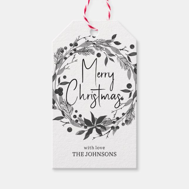 God jul Wandeans Holly Script Black White Presentetikett (Framsidan)