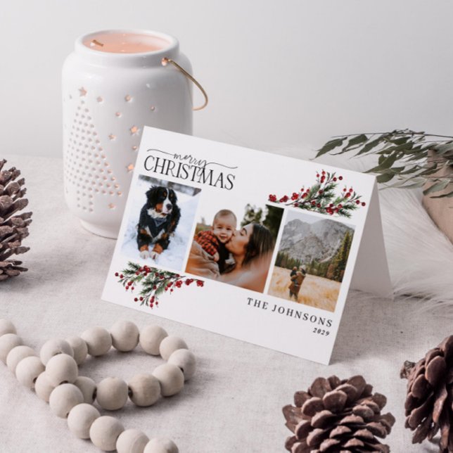 God jul Warm Red Winter Botanical Photo Ho Helgkort (Get into the holiday spirit with a heartfelt folded christmas card! 🎅)