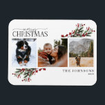 God jul Warm Red Winter Botanical Photo Ho Magnet<br><div class="desc">Tittar du ett unikt helgdag-kort som ska framträda i verkligen? Ta en titt på vårt botaniska Helgdag-kort för God jul Warm Red Winter! Det här vackra kortet innehåller tre av dina favoritfoton, omgivna av festive Red och grönt vintermotiv. Modern kalligrafi slutför utseendet, skapar det här helgdag som ska imponera. Det...</div>