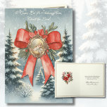 God jul Watercolor Baby Jesus Helgkort<br><div class="desc">Med en vacker vattenfärgsbild av Baby Jesus inlagd i guld ram accentuerad med en röd båge överdragen på en scen i snö täckte evergreen träd.</div>