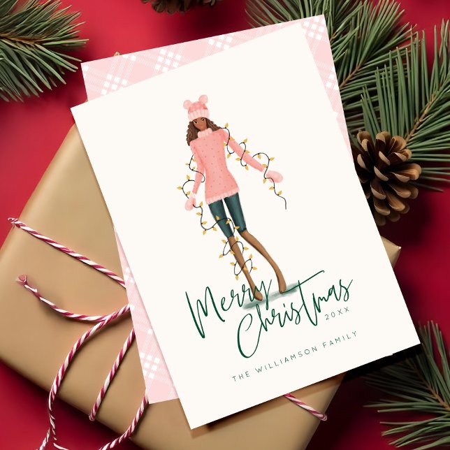God jul Watercolor Girl Wrapped in Ljus Julkort (Merry Christmas Watercolor Girl Wrapped In Lights Holiday Card)