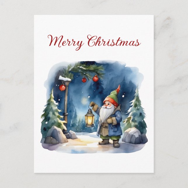 God jul Watercolor Gnome Helg Vykort (Framsida)