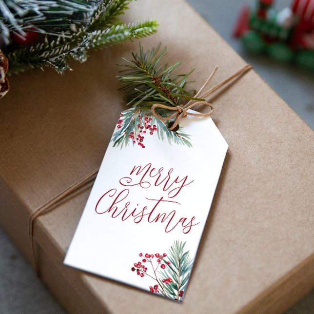 God jul Watercolor Gräs och Berries Presentetikett (Merry Christmas Watercolor Pine and Berries Gift Tags)