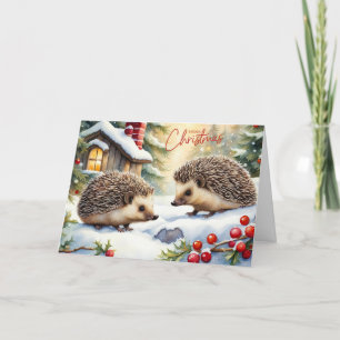 God jul Watercolor Hedgehogs in Forest Helgkort