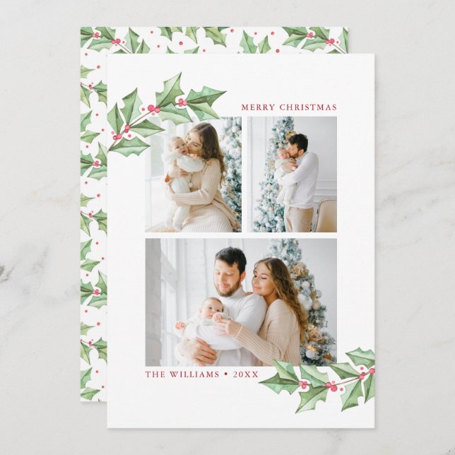 God jul Watercolor Holly 3 Photos Helgdag (Fram/baksida)