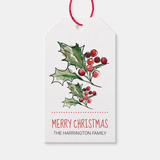 God jul Watercolor Holly Gift-Märkre Presentetikett (Framsidan)