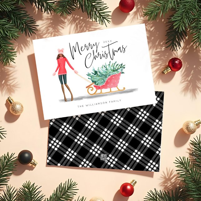 God jul Watercolor jul Girl Sleigh Julkort (Merry Christmas Watercolor Christmas Girl Sleigh Holiday Card)