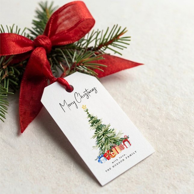 God jul Watercolor Julgran Card Presentetikett (Skapare uppladdad)