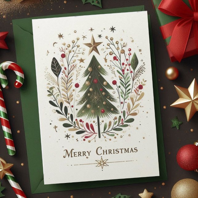 God jul Watercolor Julgran Familj Julkort (Merry Christmas Watercolor Christmas Tree Family Holiday Card)