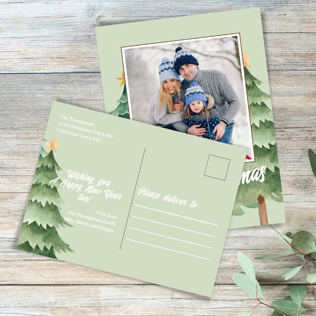 God jul Watercolor Julgranar Helg Vykort (With return address, greeting, and "please deliver to" on the backside. )