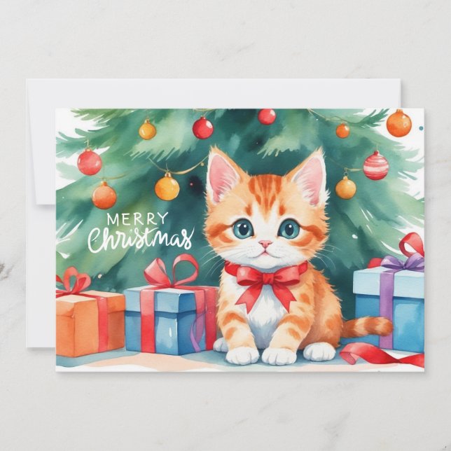God jul Watercolor Orange Kitten Julkort (Framsida)
