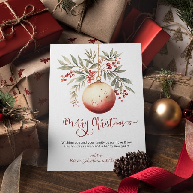 God jul Watercolor Ornament Holly Berry Julkort (Merry Christmas Watercolor Ornament Holly Berry Holiday Card)
