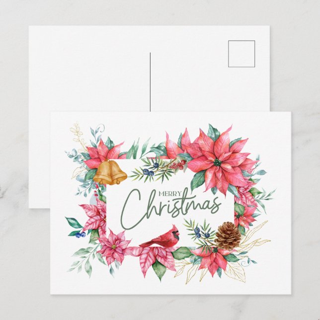 God jul Watercolor Poinsettia Flowers Vykort (Fram/baksida)