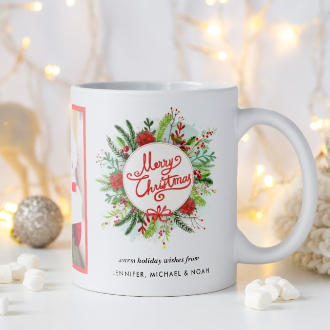 God jul Watercolor Poinsettia Wandeness Photo Kaffemugg (Merry Christmas tradition with a watercolor wreath. Personalize with photo and names. )