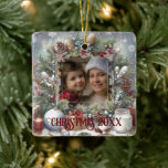 God jul Watercolor Rustic Photo Julgransprydnad Keramik<br><div class="desc">Söt gräs ram med gräs,  ljus och snö med mason burk ljus och prydnadsföremål i mjuka vattenfärger användes för att skapa helgdag ram ornament. Anpassa till innevarande år.</div>