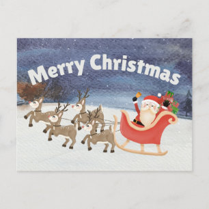 God jul Watercolor Santa Sleigh Helg Vykort