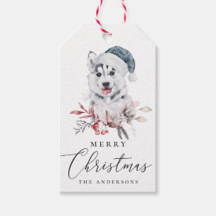 God jul. Watercolor söt helgdag husky hund Presentetikett