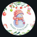 God Jul. Watercolor söt helgdag snögubbe Runt Klistermärke<br><div class="desc">"God jul"-klistermärken med vattentätt,  sött,  roligt snögubbe för helgdag på vintern.</div>