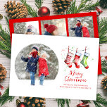 God jul Watercolor Stockings Photo Collage Julkort<br><div class="desc">Den här designen har ett god jul-fotokort,  med vattenfärgslager,  en 4-fotokollage-mall,  med en söt vintage stil,  ett enkelt minimalistiskt och ett elegant-penselskript,  med elegant trendig,  rött och grönt stil,  en färgstark roligt,  helgdag fotokort.</div>