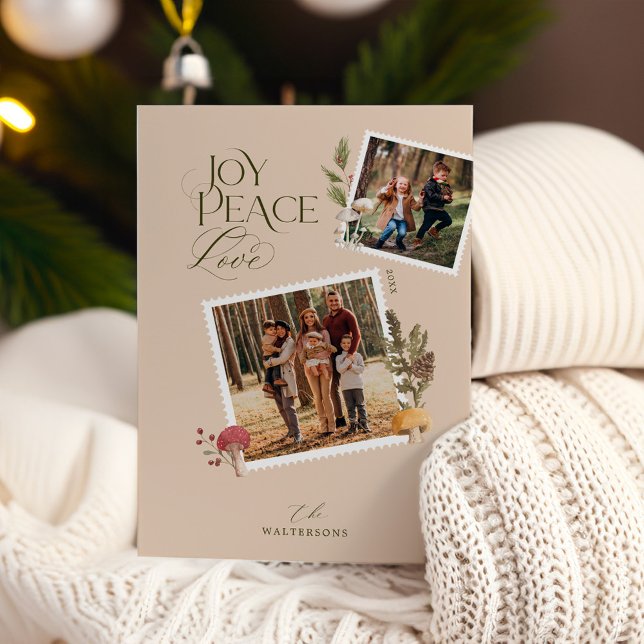 God jul Watercolor Woodsy Mushroom Photo Julkort (Merry Christmas Watercolor Woodsy Mushrooms Photo Holiday Card)