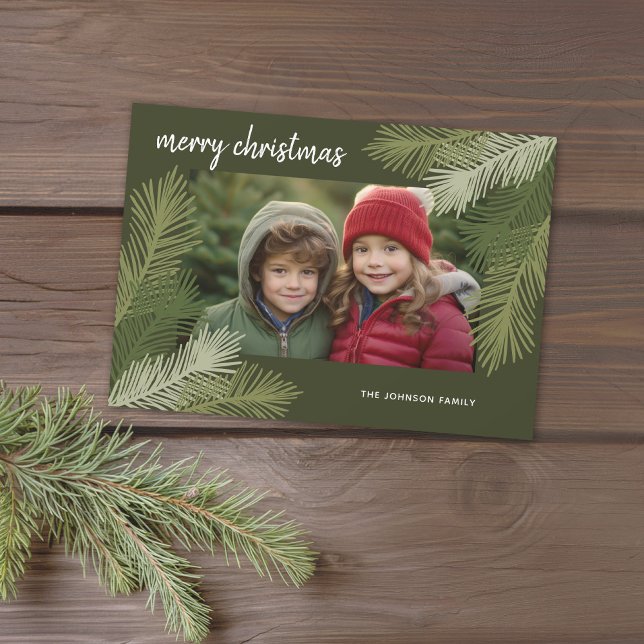 God Jul - Whimsica Grenar Modern Foto Julkort (Green Pine Branches and a place for 1 photo - download option available)