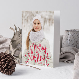 God jul Whimsical Red Script Photo Helgkort