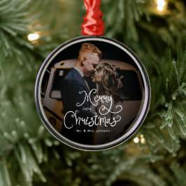 God Jul Whimsical Script Anpassad Foto Julgransprydnad Metall