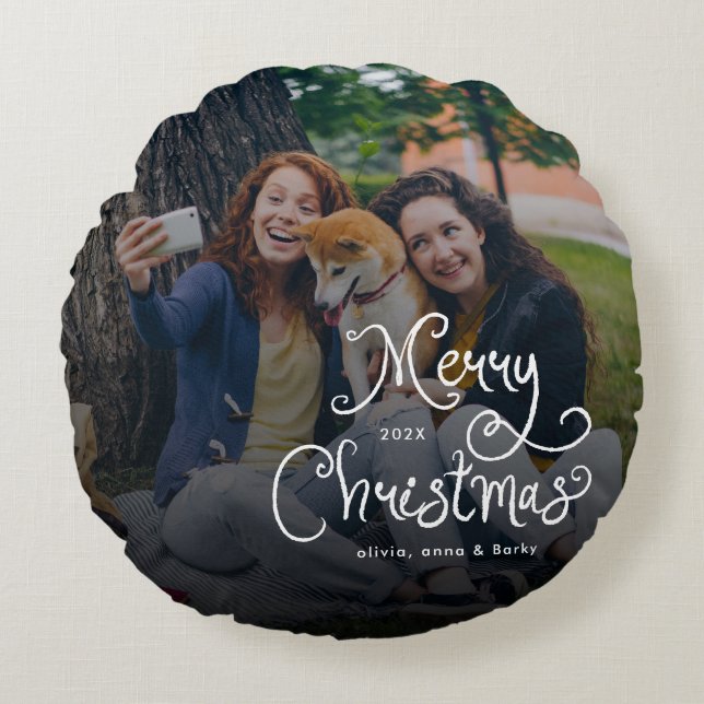 God Jul Whimsical Script Familjefoto Hund Rund Kudde (Framsidan)