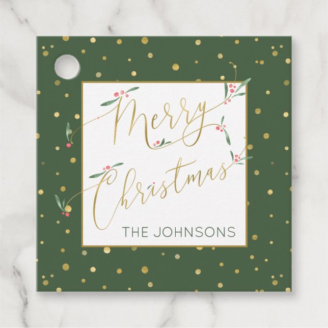God jul Whimsical Script Grönt och Guld Gåvor Etiketter (Framsida)