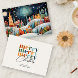 God jul Whimsical Winter Village Julkort<br><div class="desc">Det här anpassadet har ett vackert, vismligt vinterklot på framsidan, med färgstarka hus mot ett snölandskap under en stjärnnatt himmel. Den charmerande, handdragna stil väcker en mysigt, festlig stämning, perfekt för att sprida julklapp. På baksidan erbjuder kortet en modern, minimalistisk design med "merry merry god jul" som visas i fet,...</div>