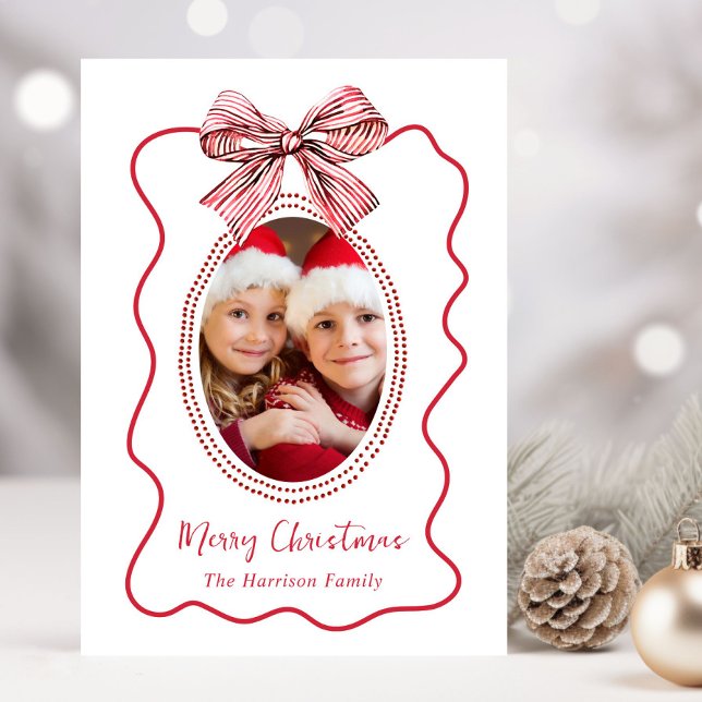 God jul Whimsique Red Vågigt Ram Bow Photo Julkort (Picture-Perfect Memories: Create Your Custom Photo Christmas Card)