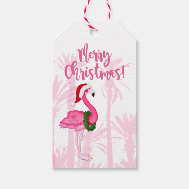 God jul Whimsisk Rosa Flamingo Handflatan Träd Presentetikett (Framsidan)