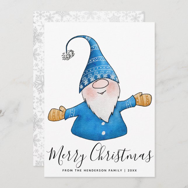 God jul White Blue Gult Cute Gnome Julkort (Fram/baksida)