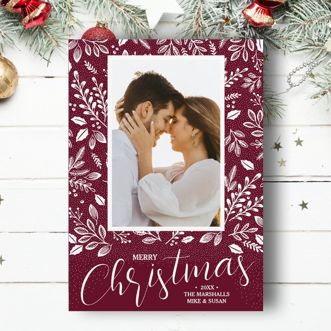 God jul White Botanicals Photo Julkort (White botanicals on cranberry Merry Christmas photo holiday cards, PRINTED and/or INSTANT DOWNLOAD)