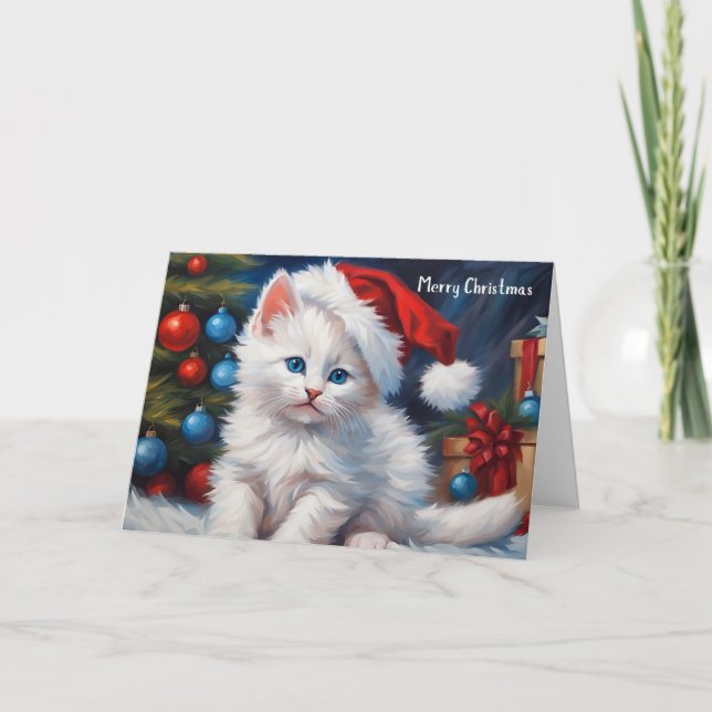 God jul White Cat och Julgran Kort (Framsida)