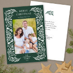 God jul White Greenery Message Photo Julkort<br><div class="desc">Detta mörk grönt julkort har en elegant vit vinter grön gräns än ramar lodrät. På baksidan finns anpassningsbar för ditt personliga meddelande.</div>