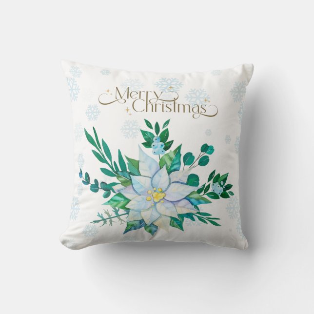 God jul White Poinsettia Snöflingor Kudde (Framsida)