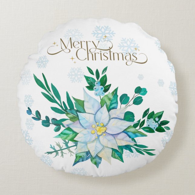 God jul White Poinsettia Snöflingor Rund Kudde (Framsidan)