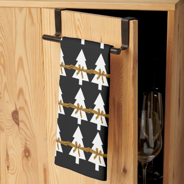 God Jul White Träd Bows Kitchen Towes Black Kökshandduk (Thirds Fold)