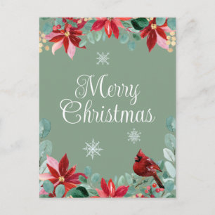 God jul Winter Bird Cardinal Poinsettia Vykort