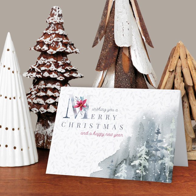 God jul Winter Foliage Watercolor Forest Helgkort (Elegant Christmas & New Year Card. Buy professionally printed or as a printable digital download.)