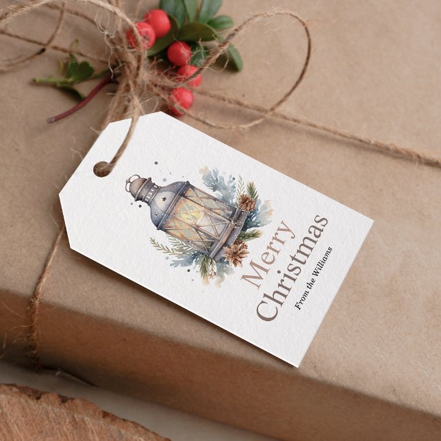 God jul Winter Helgdag Lantern Presentetikett (Add an extra touch of charm to your holiday gift-giving with this warm, festive gift tag!)